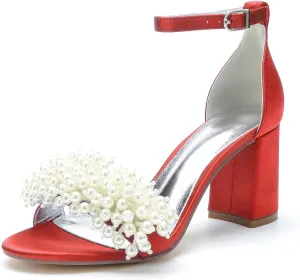 Bridal Shoes Open Toe Wedding High Heels Block Pumps Crystal Bride High Heels Sandals Evening Party Dress 8CM Bridesmaids Ankle Strap,Red,9