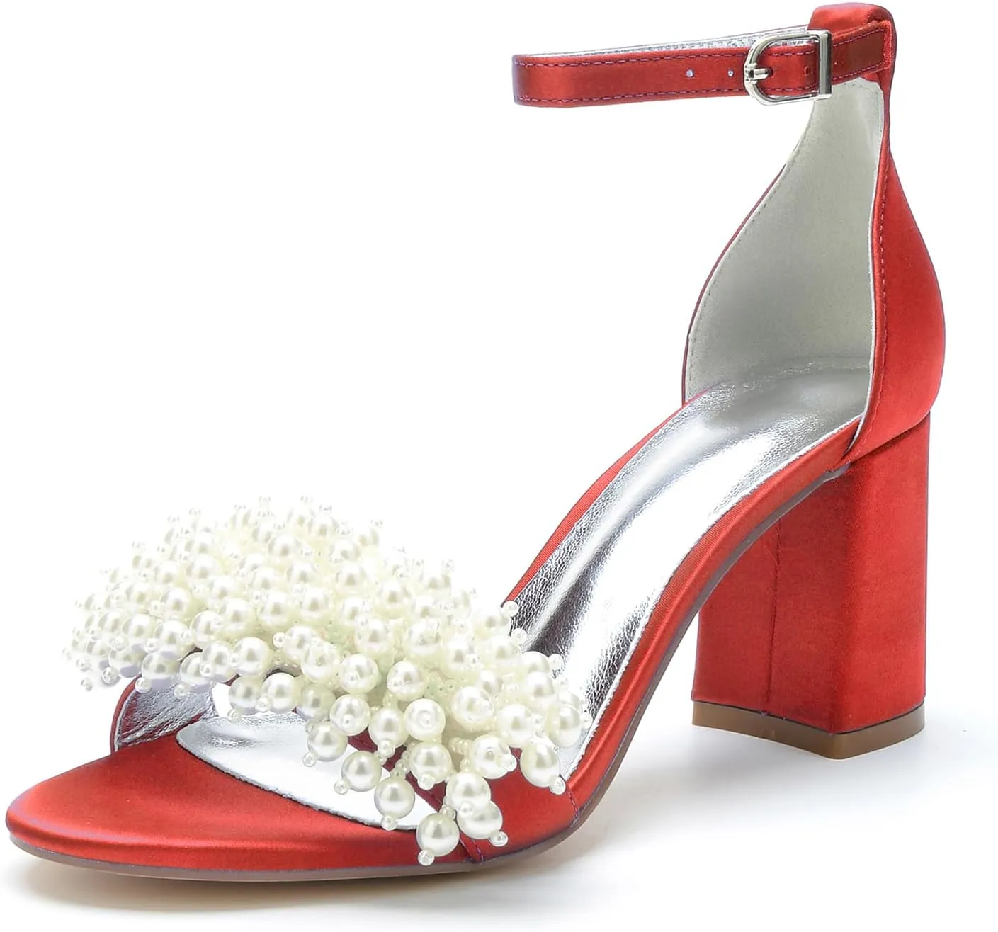 Bridal Shoes Open Toe Wedding High Heels Block Pumps Crystal Bride High Heels Sandals Evening Party Dress 8CM Bridesmaids Ankle Strap,Red,9