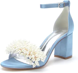 Bridal Shoes Open Toe Wedding High Heels Block Pumps Crystal Bride High Heels Sandals Evening Party Dress 8CM Bridesmaids Ankle Strap,Sky blue,8