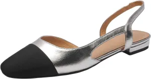 Cap Toe Sandals Leather for Women, Two Tone Closed Toed Slingback Slip On Low Heel Flats