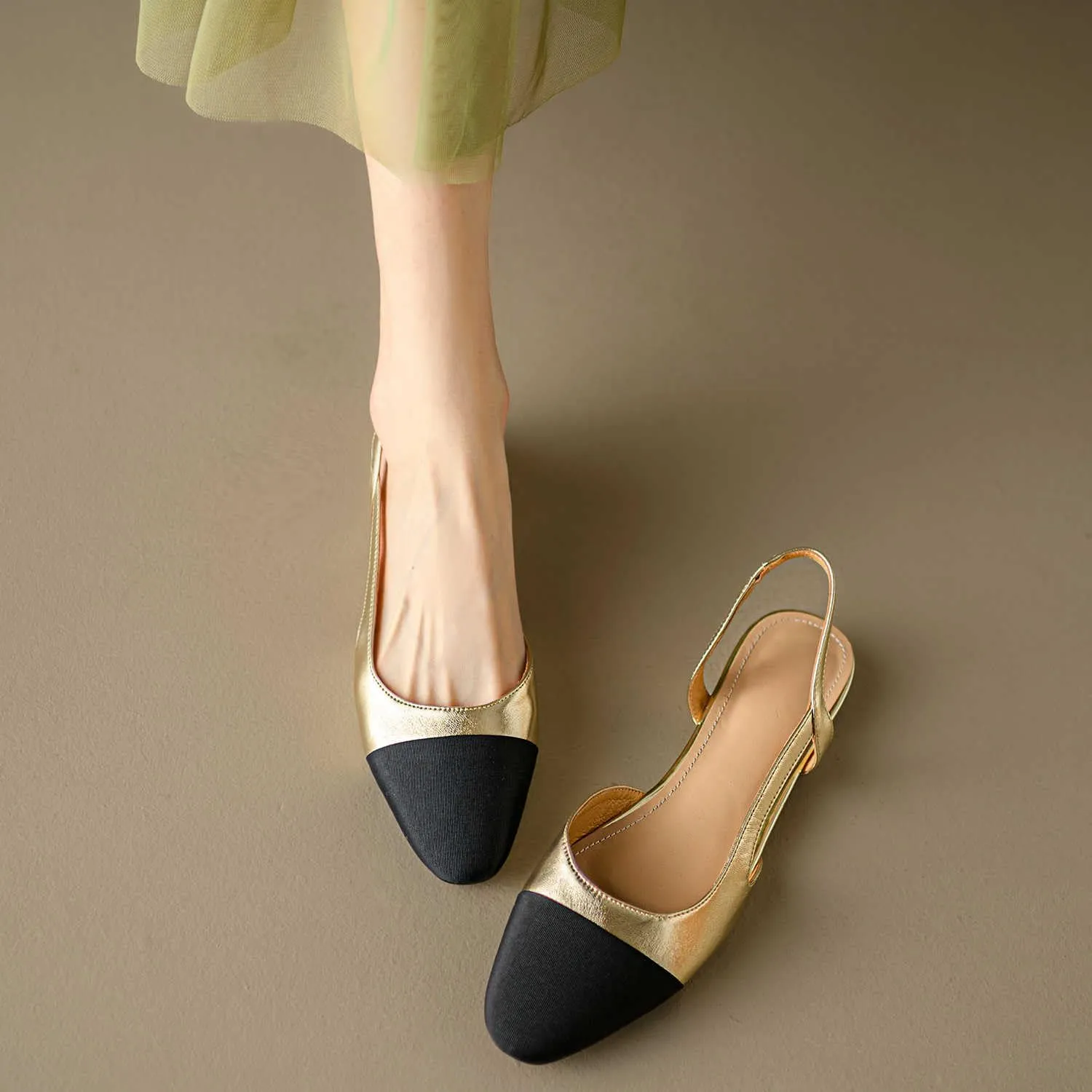 Cap Toe Sandals Leather for Women, Two Tone Closed Toed Slingback Slip On Low Heel Flats