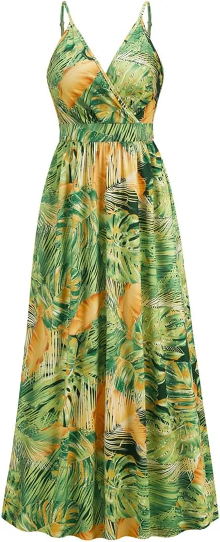 Chaos World Hawaiian Dresses for Women Boho Maxi Dress V-Neck Floral Summer Dress Beach Spaghetti Strap