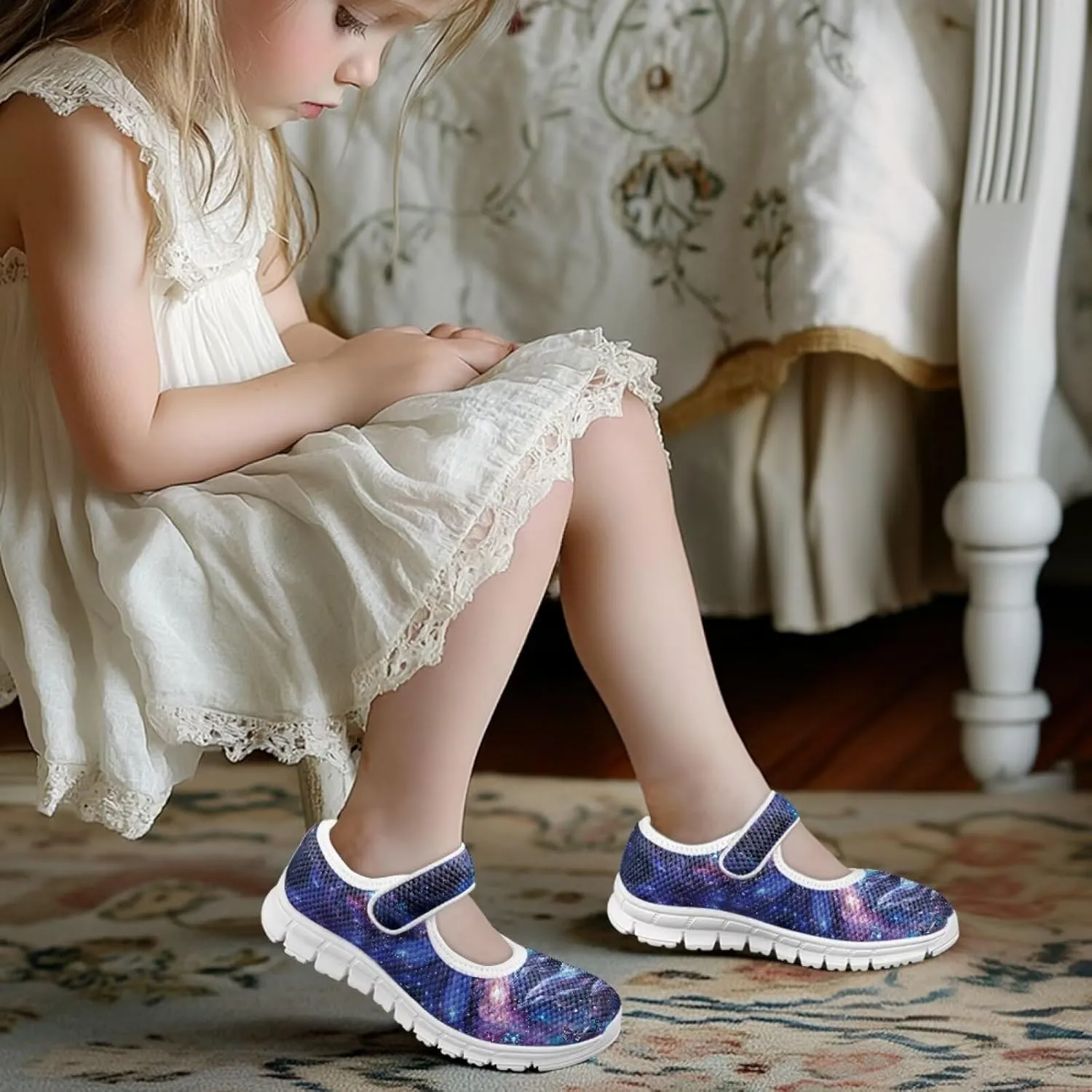 chaqlin Galaxy Print Sneakers for Kids Slip On Mary Jane Shoes Child Size Breathable Mesh Shoes for School