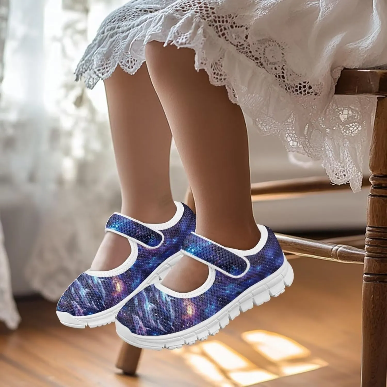 chaqlin Galaxy Print Sneakers for Kids Slip On Mary Jane Shoes Child Size Breathable Mesh Shoes for School