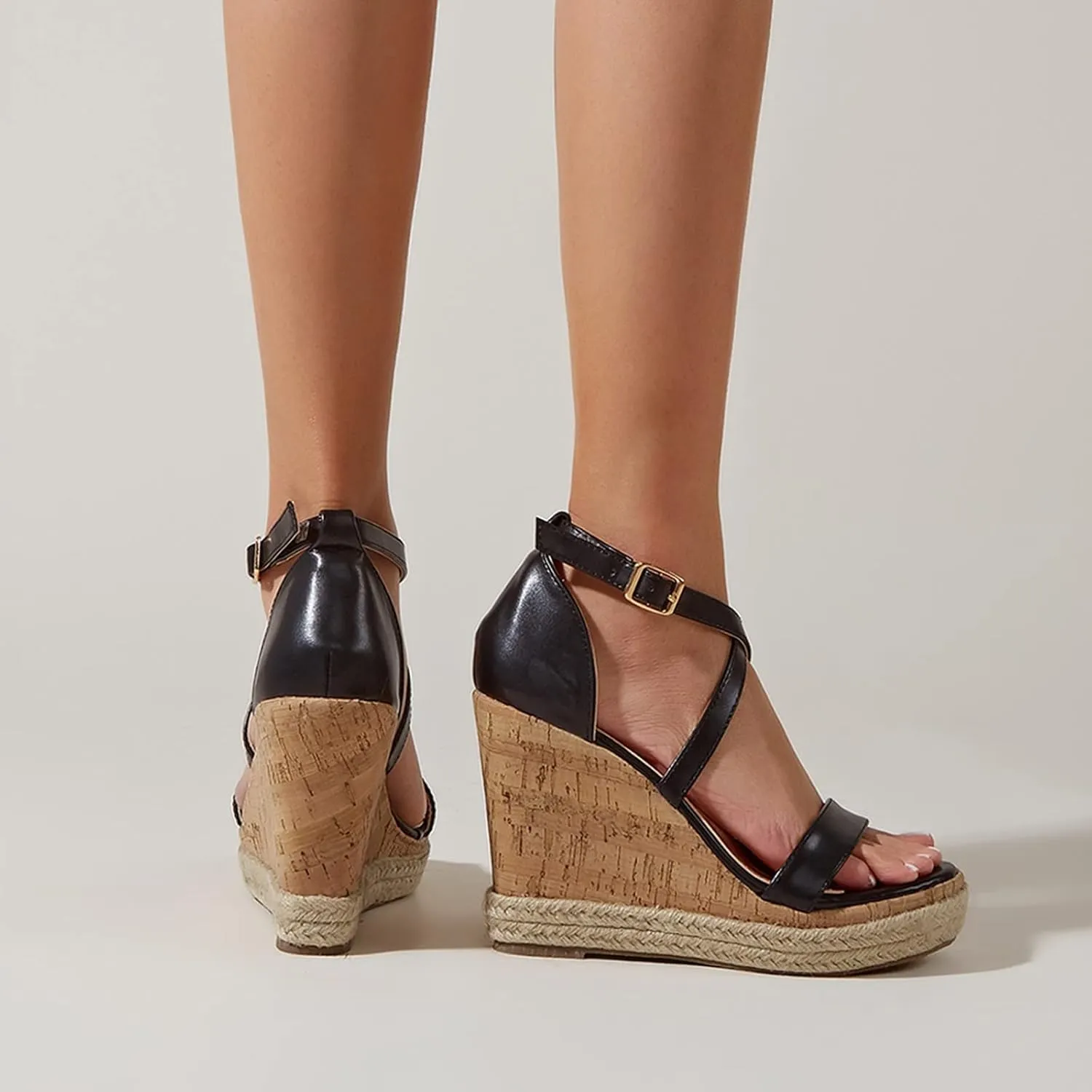 Chunky Espadrille Sandals for Women Wedge Summer Casual Cross Ankle Straps Buckle Open Toe Platform High Heels Comfortable Outdoor Ladies Shoes