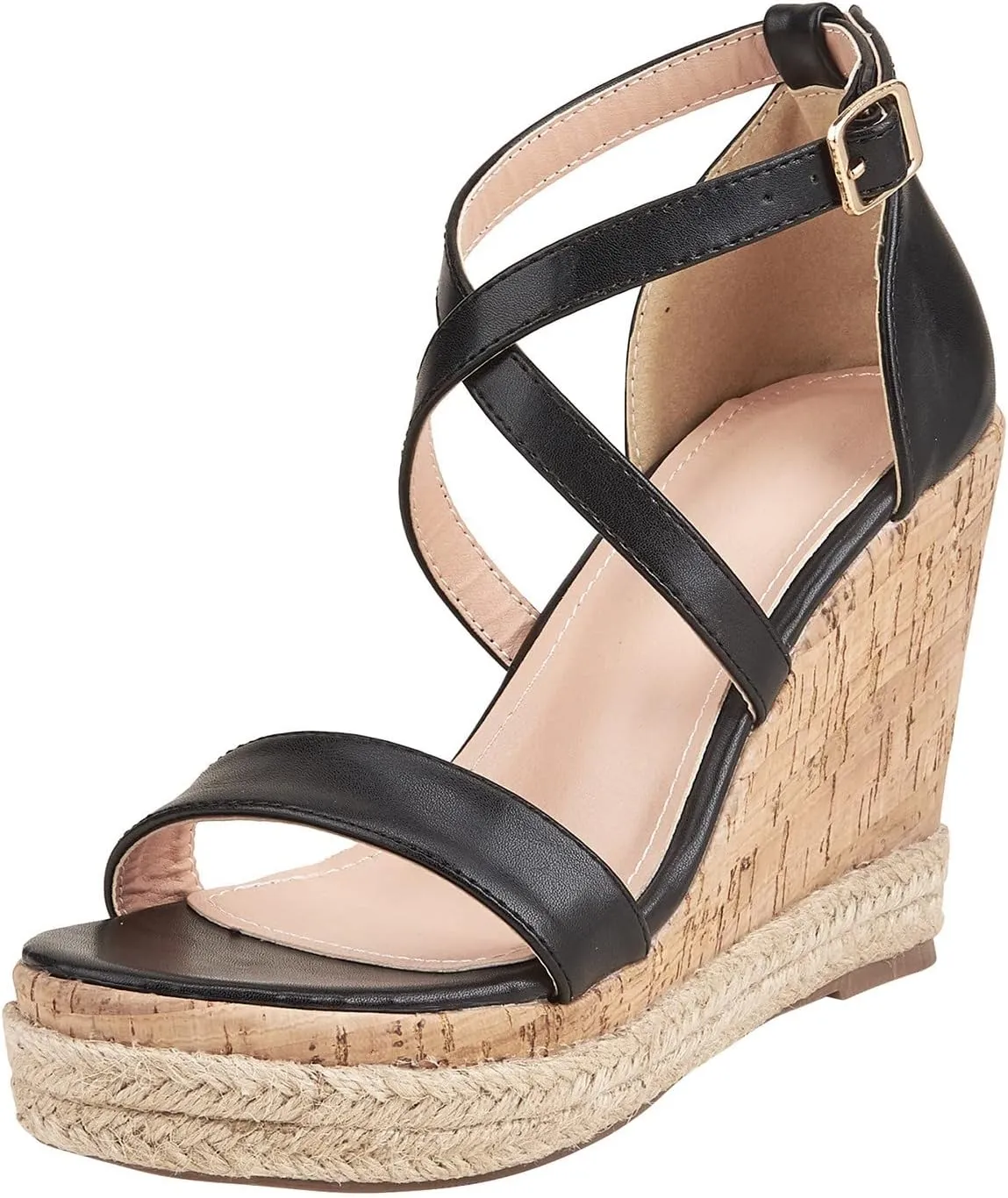 Chunky Espadrille Sandals for Women Wedge Summer Casual Cross Ankle Straps Buckle Open Toe Platform High Heels Comfortable Outdoor Ladies Shoes