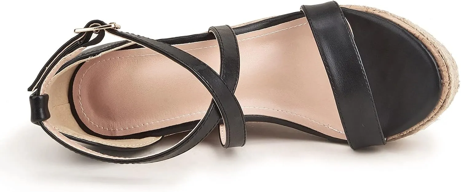 Chunky Espadrille Sandals for Women Wedge Summer Casual Cross Ankle Straps Buckle Open Toe Platform High Heels Comfortable Outdoor Ladies Shoes