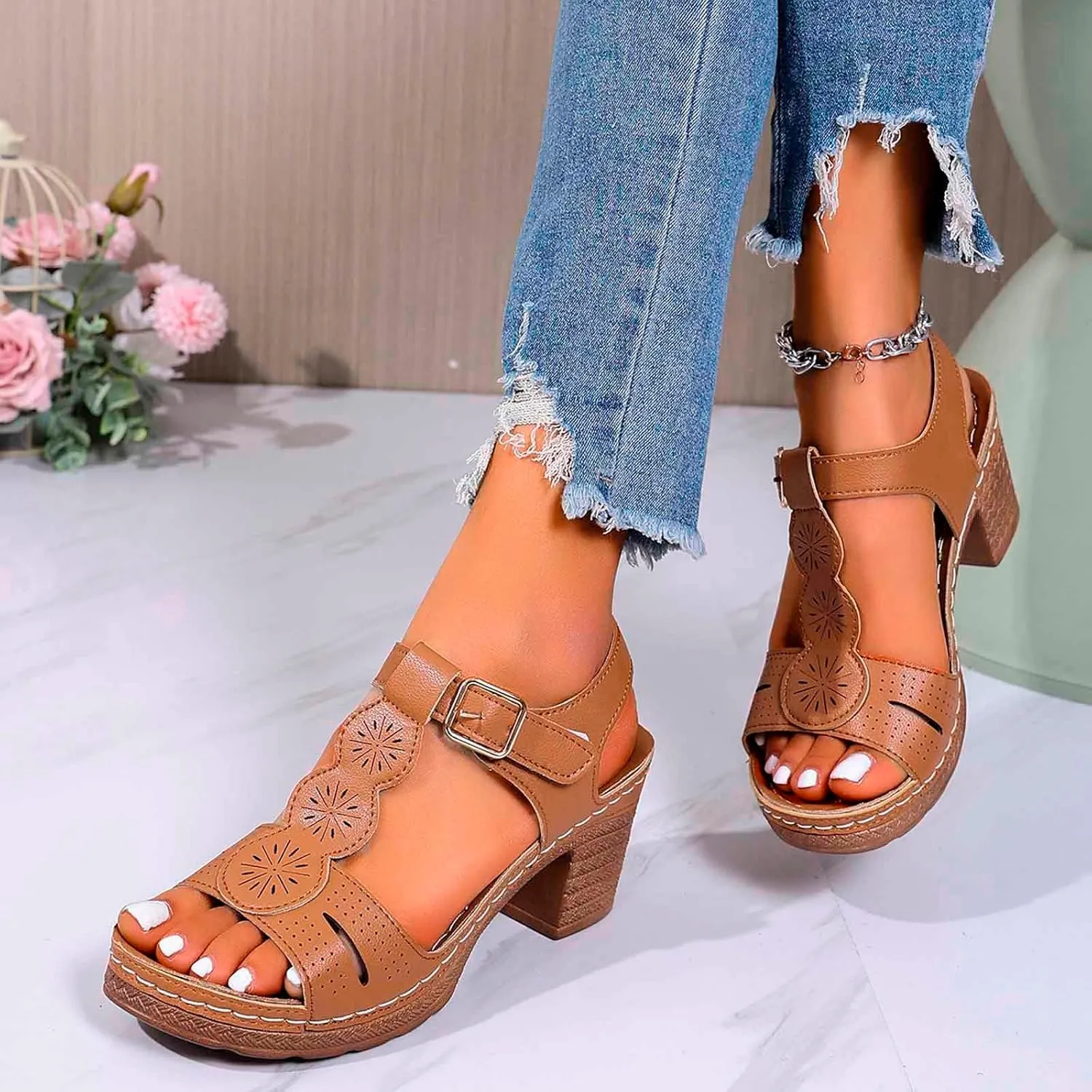 Chunky Heeled Sandals for Women Leather Block Platform High Heels Open Toe Fashion Party Prom Ankle Strap Dress Pump Sandals Summer Orthopedic Shoes
