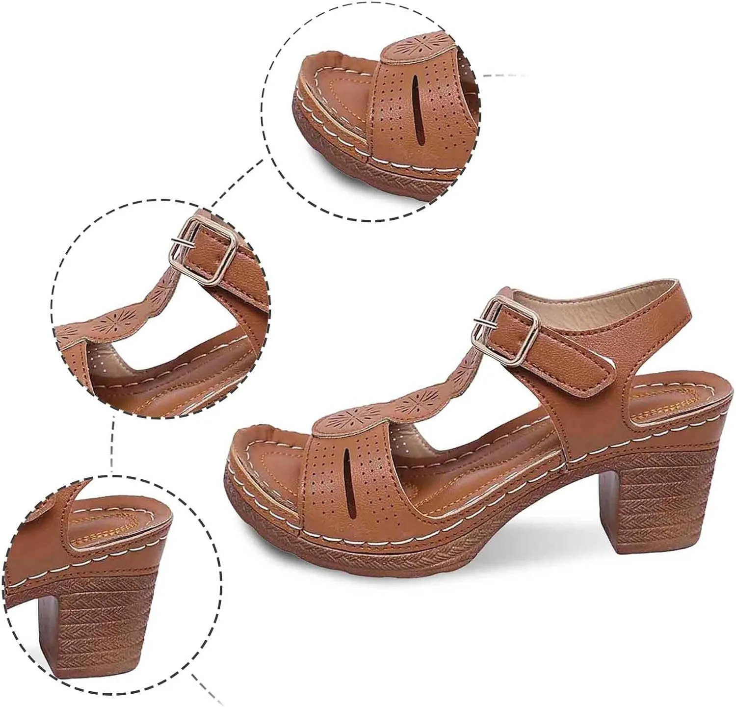 Chunky Heeled Sandals for Women Leather Block Platform High Heels Open Toe Fashion Party Prom Ankle Strap Dress Pump Sandals Summer Orthopedic Shoes