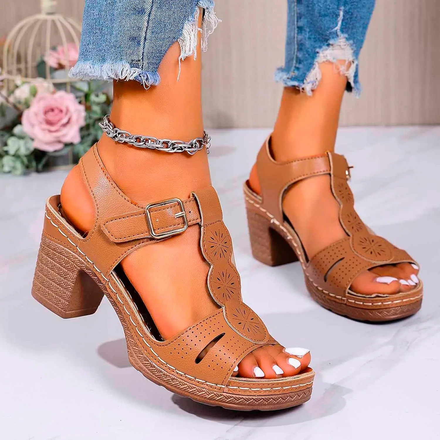 Chunky Heeled Sandals for Women Leather Block Platform High Heels Open Toe Fashion Party Prom Ankle Strap Dress Pump Sandals Summer Orthopedic Shoes