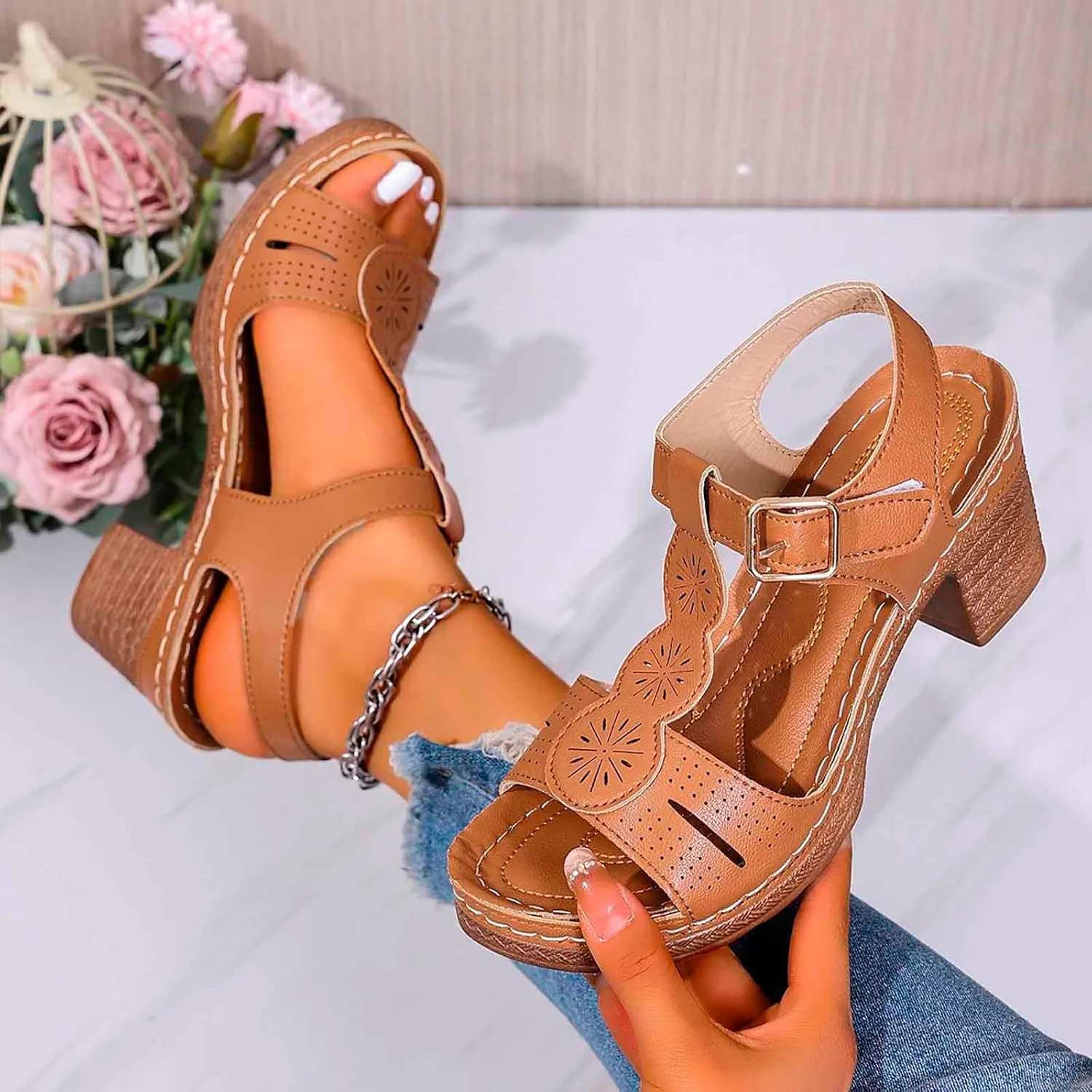 Chunky Heeled Sandals for Women Leather Block Platform High Heels Open Toe Fashion Party Prom Ankle Strap Dress Pump Sandals Summer Orthopedic Shoes