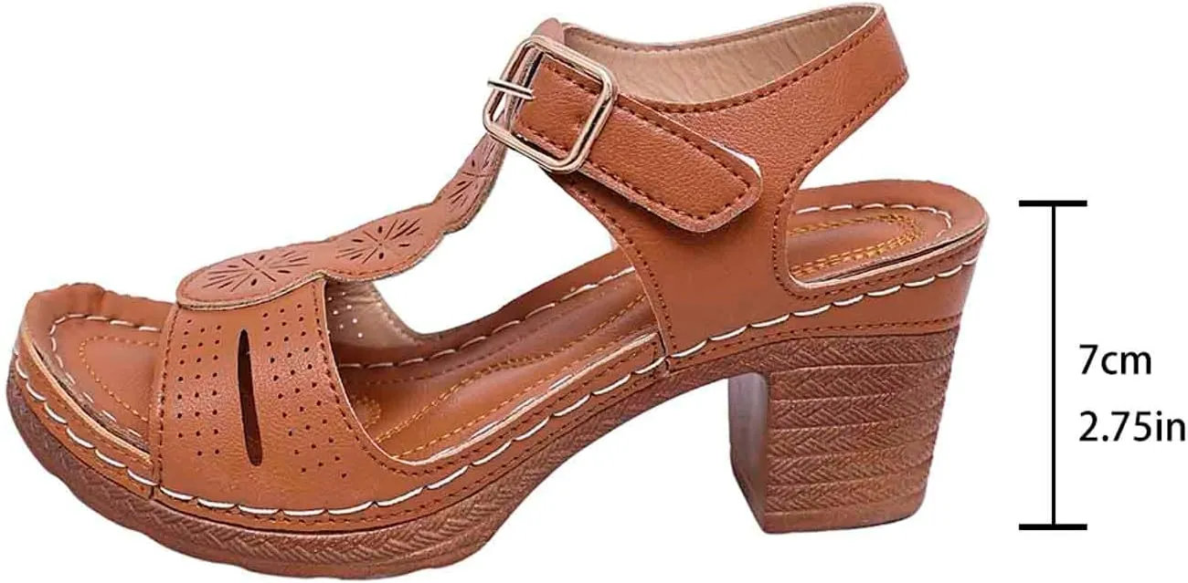 Chunky Heeled Sandals for Women Leather Block Platform High Heels Open Toe Fashion Party Prom Ankle Strap Dress Pump Sandals Summer Orthopedic Shoes