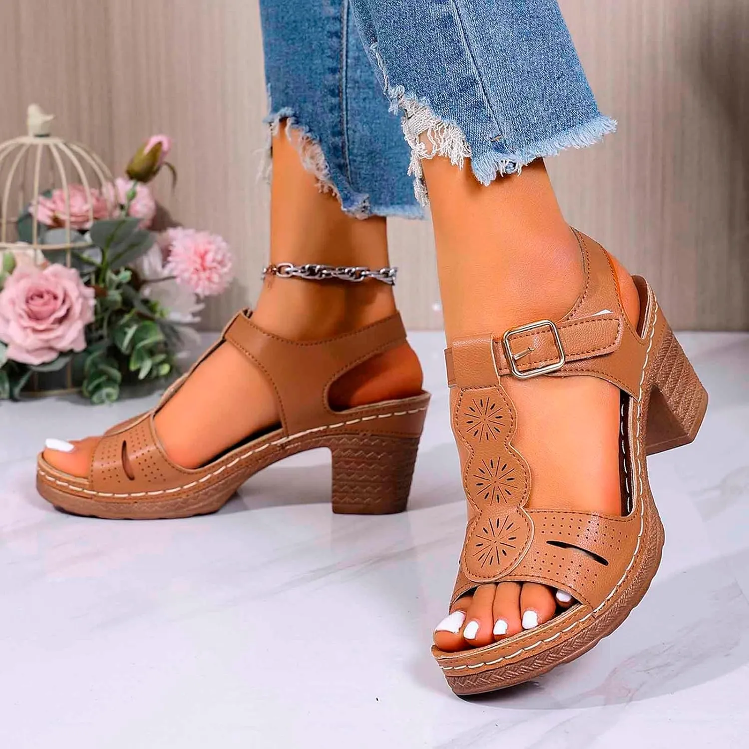 Chunky Heeled Sandals for Women Leather Block Platform High Heels Open Toe Fashion Party Prom Ankle Strap Dress Pump Sandals Summer Orthopedic Shoes
