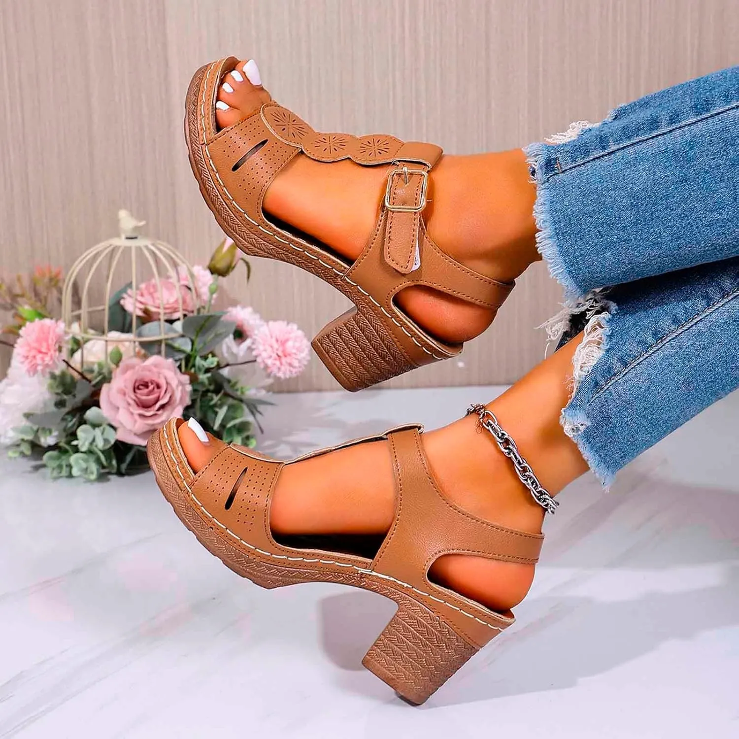 Chunky Heeled Sandals for Women Leather Block Platform High Heels Open Toe Fashion Party Prom Ankle Strap Dress Pump Sandals Summer Orthopedic Shoes