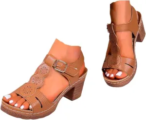Chunky Heeled Sandals for Women Leather Block Platform High Heels Open Toe Fashion Party Prom Ankle Strap Dress Pump Sandals Summer Orthopedic Shoes