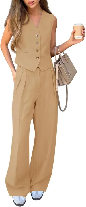 Cicy Bell Women's 2 Piece Outfits Crop Vest and Wide Leg Suit Pants Sets V Neck Blazer Suit