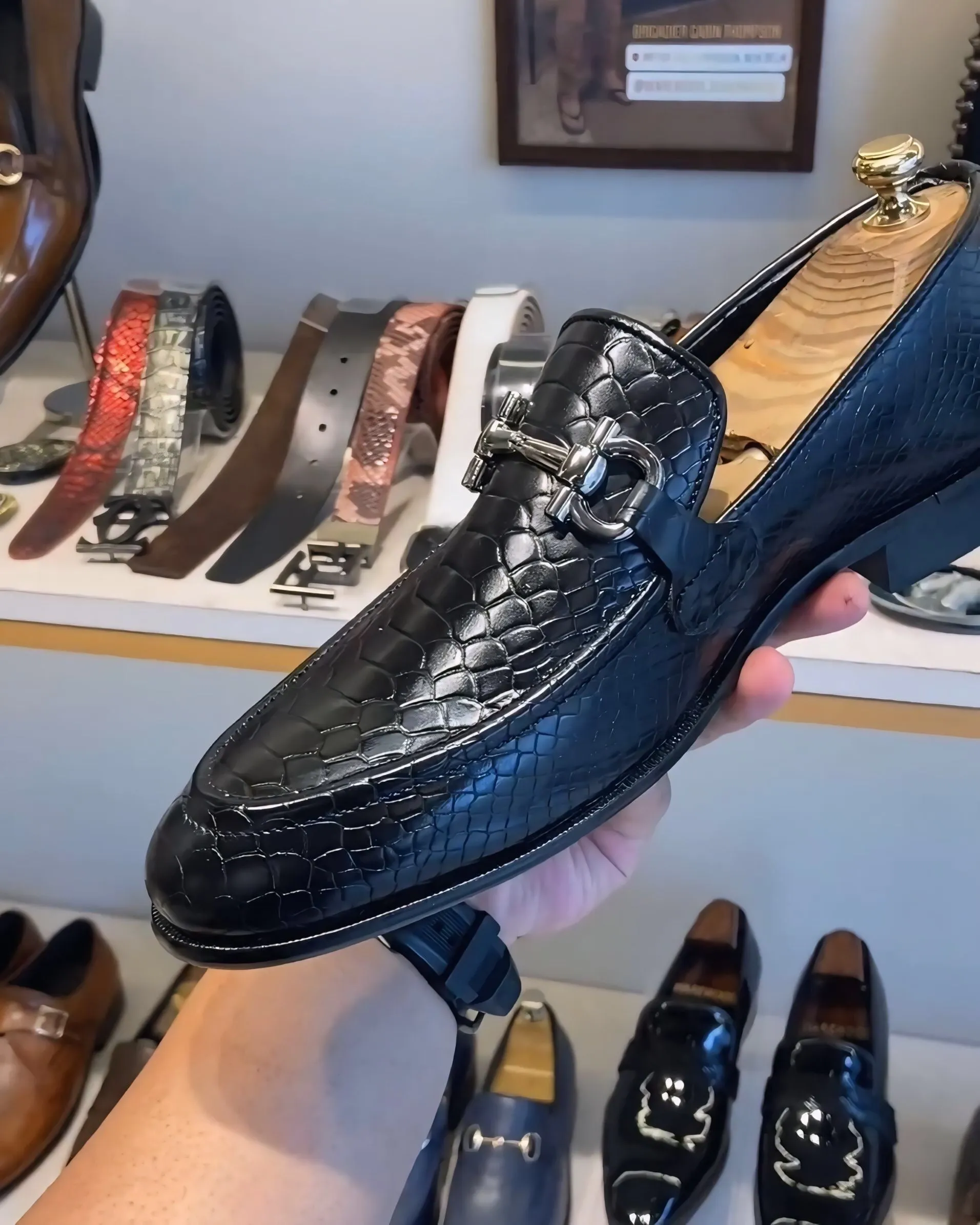 Classic Black Cobra Scaled Loafers