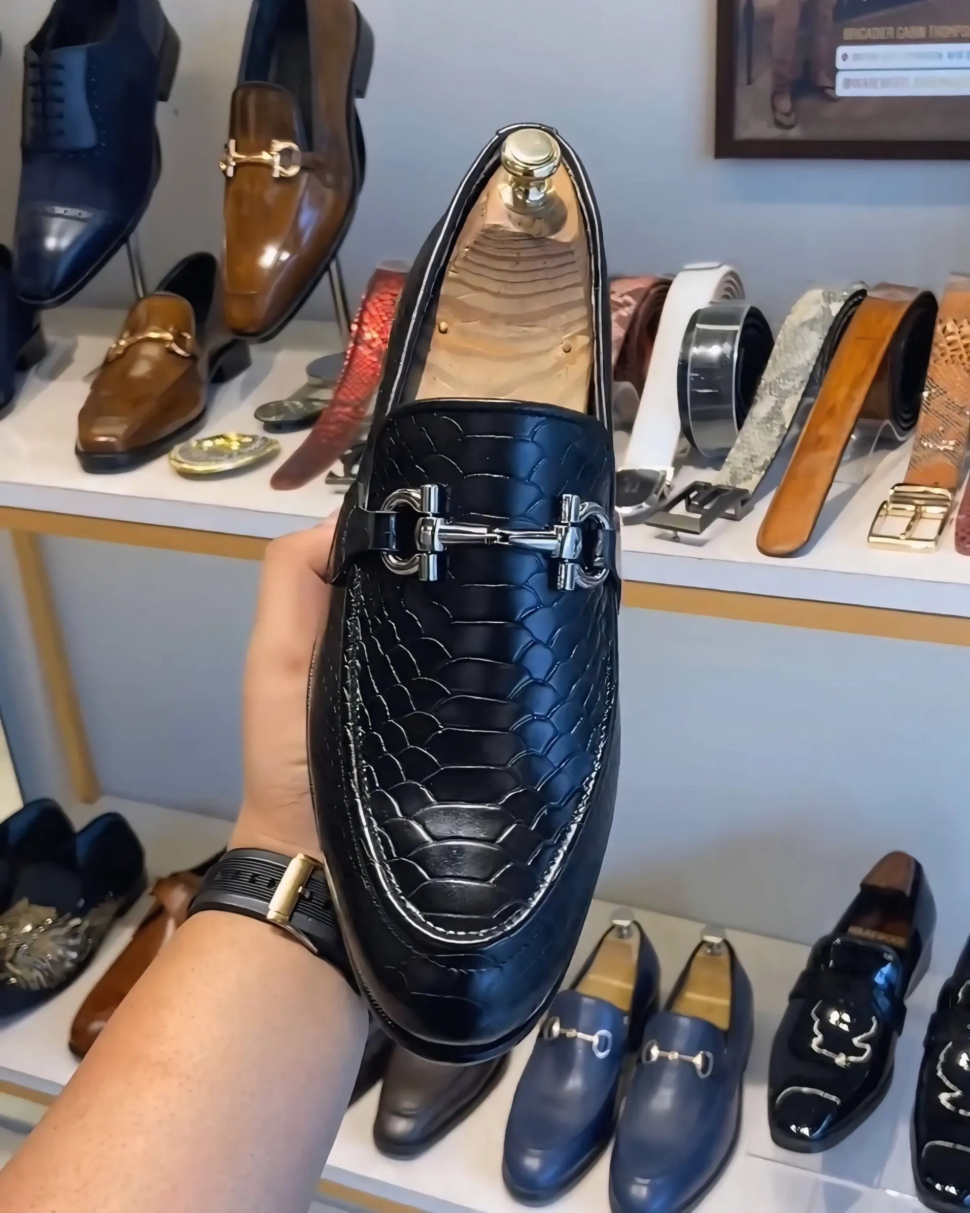 Classic Black Cobra Scaled Loafers