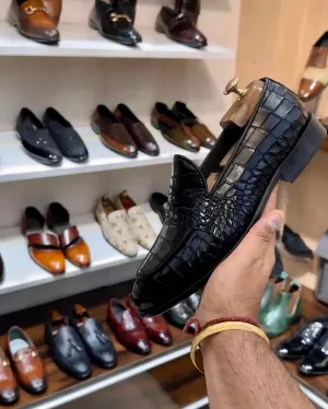 Classic Black Crocodile Scaled Penny Loafers