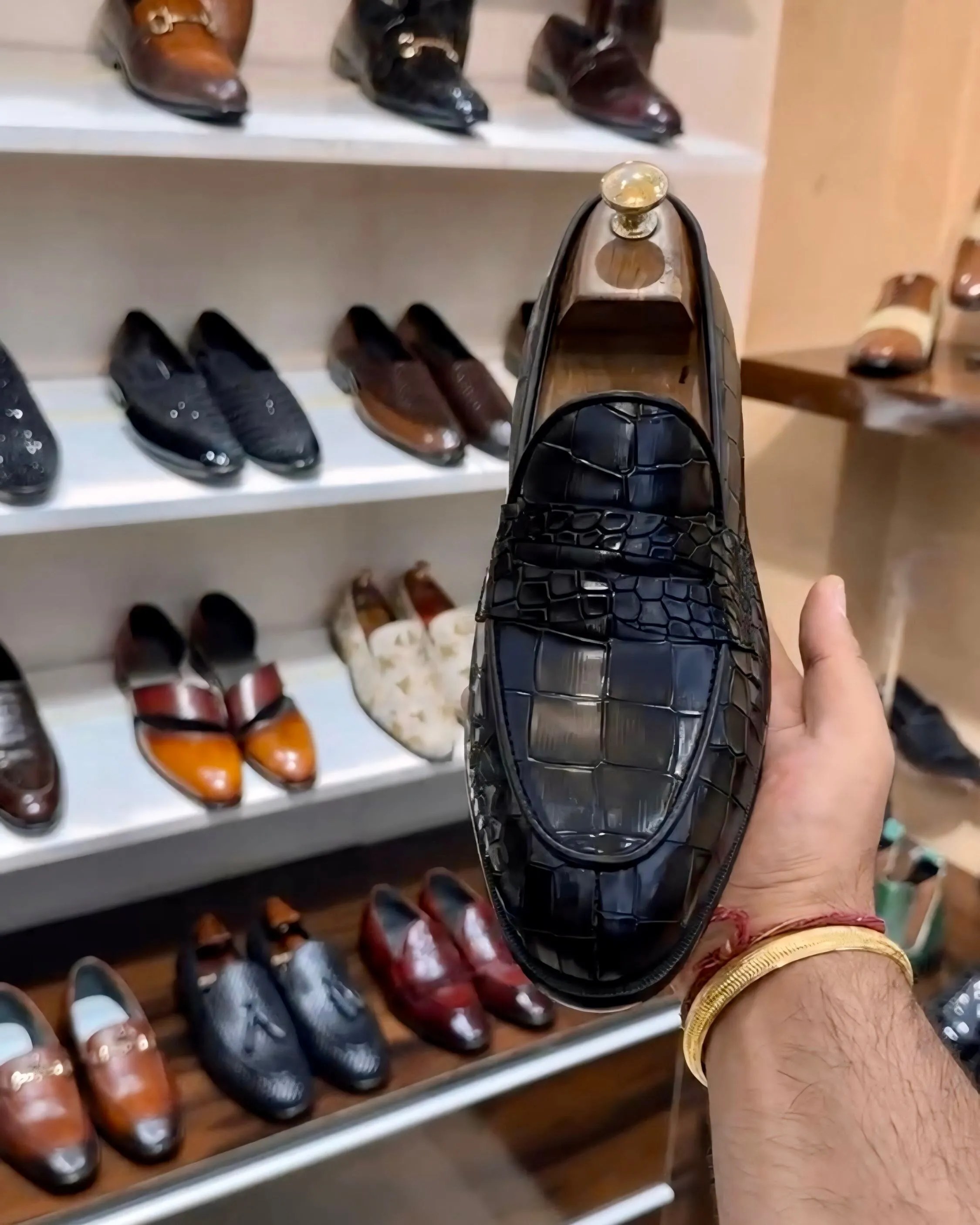 Classic Black Crocodile Scaled Penny Loafers