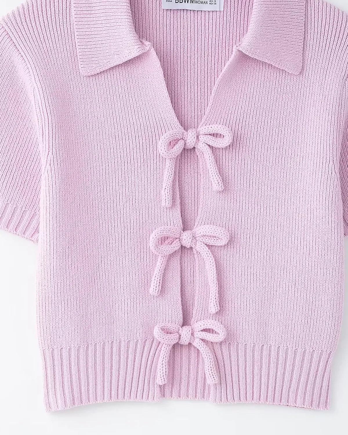 CORIRESHA Women's Summer Short Sleeve Cardigan Casual Knitted Tie Front Bow Sweater