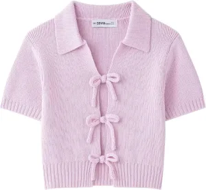 CORIRESHA Women's Summer Short Sleeve Cardigan Casual Knitted Tie Front Bow Sweater