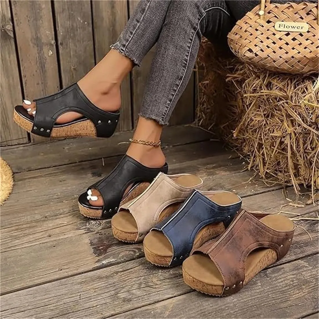 Cork Wedges & Platform Slides, Women's Thick Sole Comfy Leather Wedge Non-Slip Summer Sandals Maison Birch Cork Wedges Slip-On Sandals