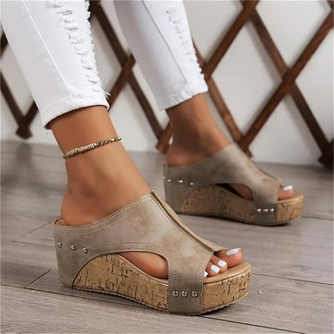 Cork Wedges & Platform Slides, Women's Thick Sole Comfy Leather Wedge Non-Slip Summer Sandals Maison Birch Cork Wedges Slip-On Sandals