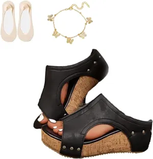 Cork Wedges & Platform Slides, Women's Thick Sole Comfy Leather Wedge Non-Slip Summer Sandals Maison Birch Cork Wedges Slip-On Sandals