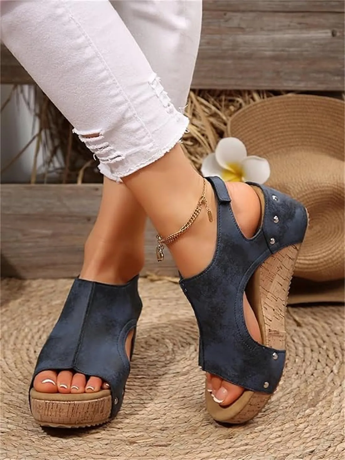 Cork Wedges & Platform Slides, Women's Thick Sole Comfy Leather Wedge Non-Slip Summer Sandals Maison Birch Cork Wedges Slip-On Sandals