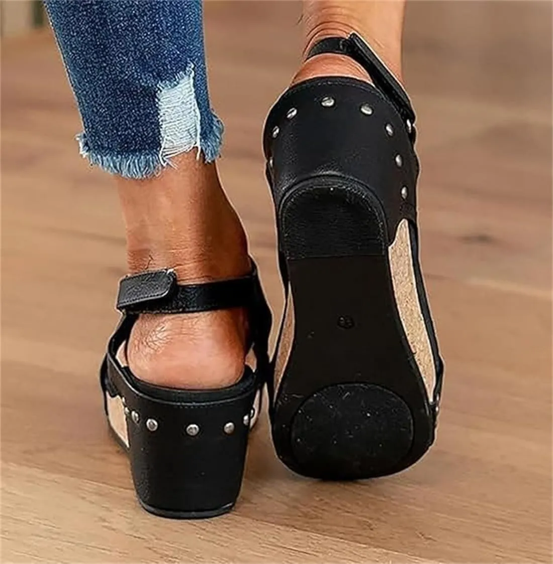 Cork Wedges & Platform Slides, Women's Thick Sole Comfy Leather Wedge Non-Slip Summer Sandals Maison Birch Cork Wedges Slip-On Sandals