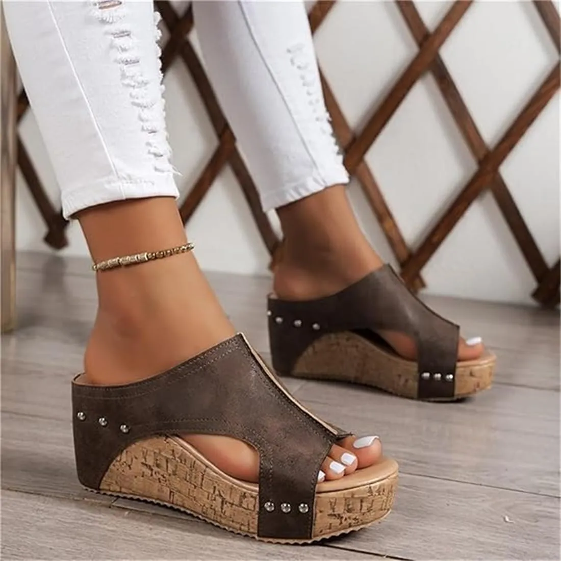 Cork Wedges & Platform Slides, Women's Thick Sole Comfy Leather Wedge Non-Slip Summer Sandals Maison Birch Cork Wedges Slip-On Sandals