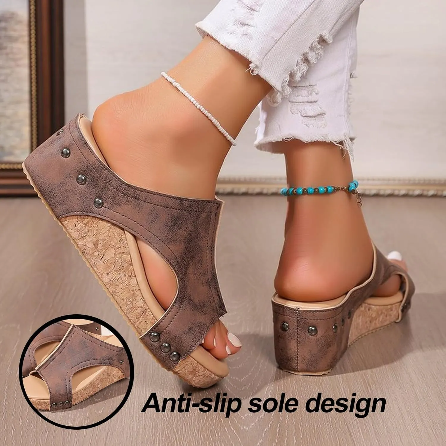 Cork Wedges & Platform Slides,Women's Thick Sole Comfy Leather Wedge Non-slip Summer Lightweight Height Boosting Sandals
