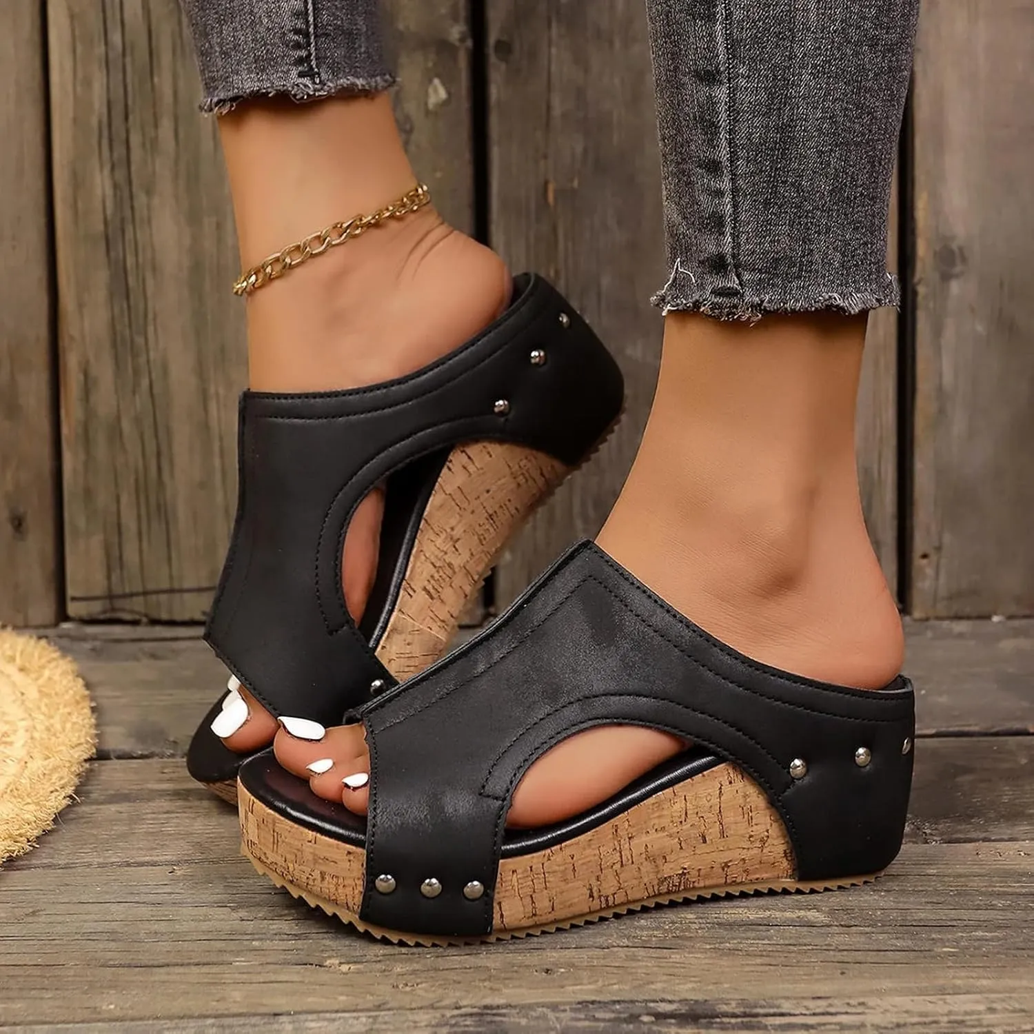 Cork Wedges & Platform Slides,Women's Thick Sole Comfy Leather Wedge Non-slip Summer Lightweight Height Boosting Sandals