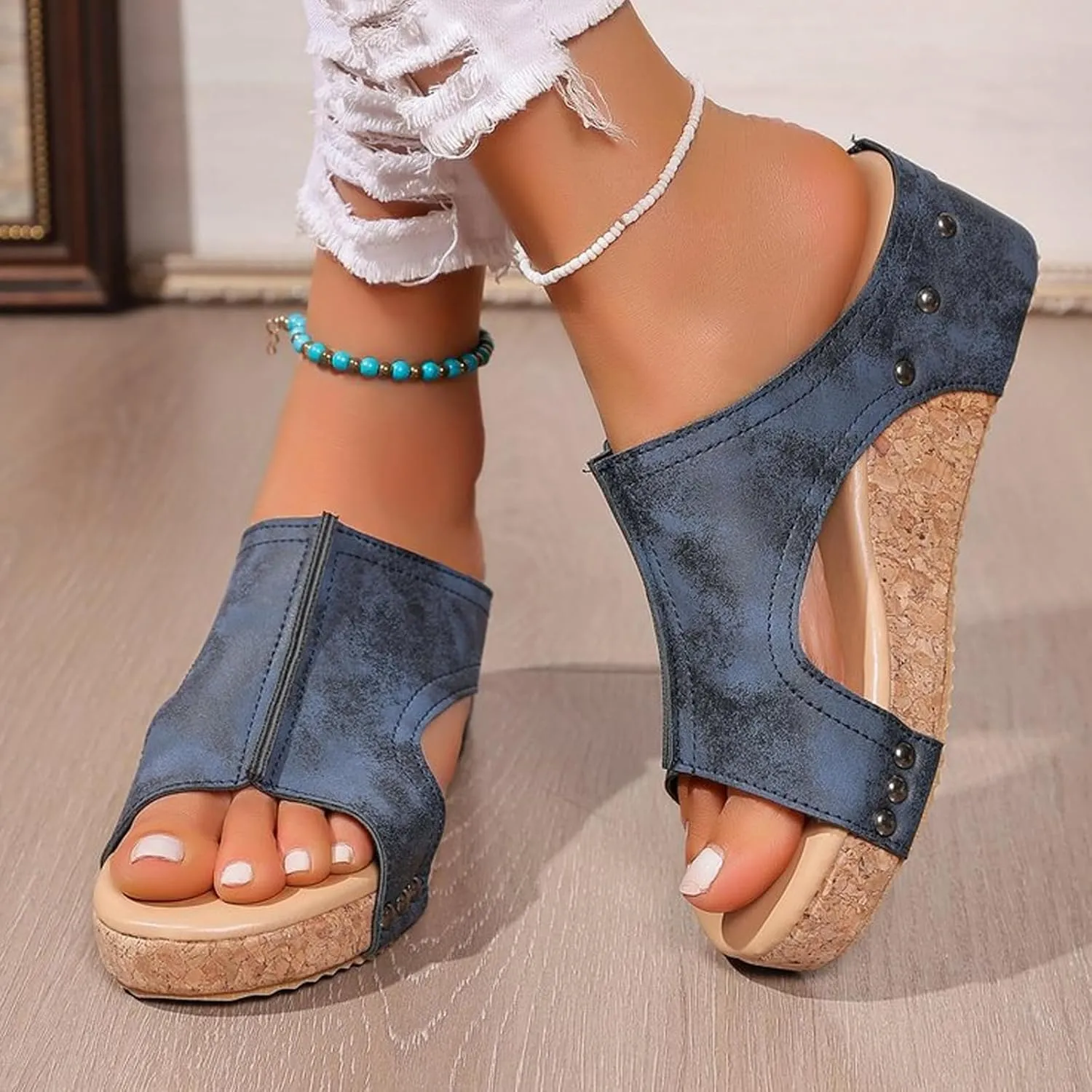 Cork Wedges & Platform Slides,Women's Thick Sole Comfy Leather Wedge Non-slip Summer Lightweight Height Boosting Sandals