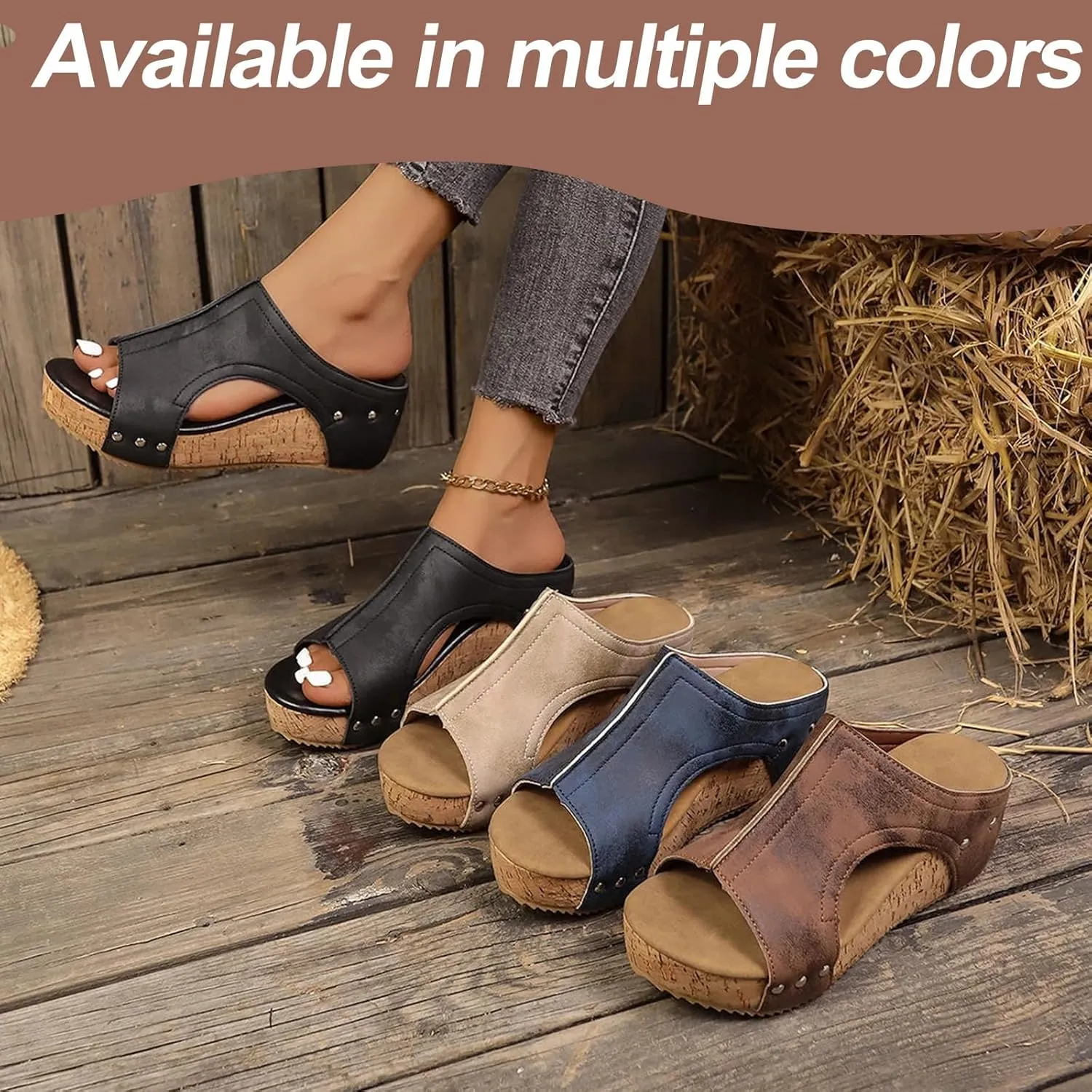 Cork Wedges & Platform Slides,Women's Thick Sole Comfy Leather Wedge Non-slip Summer Lightweight Height Boosting Sandals