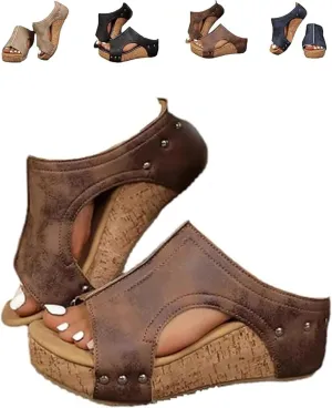 Cork Wedges & Platform Slides,Women's Thick Sole Comfy Leather Wedge Non-slip Summer Lightweight Height Boosting Sandals