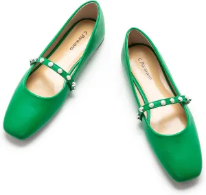 C.Paravano Mary Jane Flats for Women | Square Toe Ballet Flats with Pearl Strap | Comfortable Dress Shoes for Work, Wedding, Party & Daily Wear(Size 6.5,Green_e)