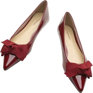 C.Paravano Pointy Bow Flats Women's Flats Comfortable Stylish Slip-On Shoes for Casual and Office（Red,Size 9