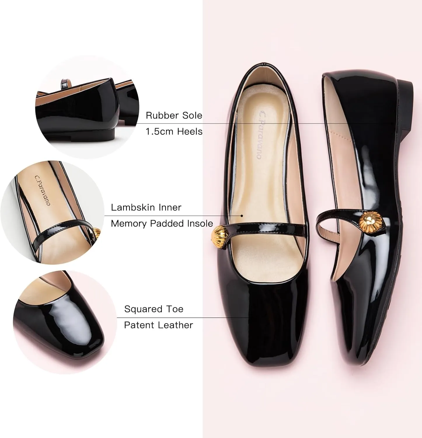 C.Paravano Women's Mary Jane Flats | Comfortable Square Toe Ballet Flats | Mary Jane Shoes with Strap | Casual Dress Flat Shoes for Party Wedding & Work Office，Date Nights