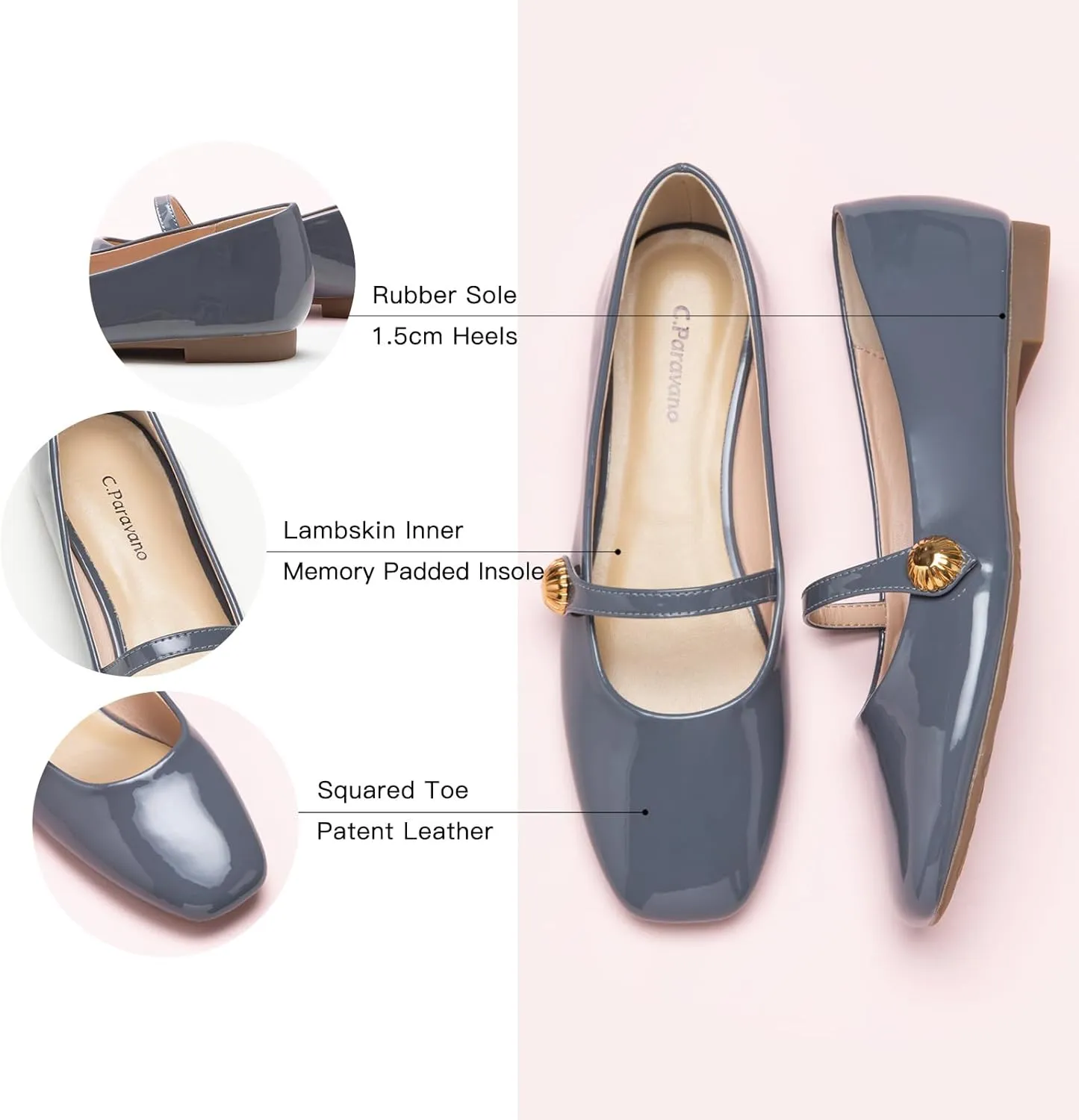C.Paravano Women's Mary Jane Flats | Comfortable Square Toe Ballet Flats | Mary Jane Shoes with Strap | Casual Dress Flat Shoes for Party Wedding & Work Office，Date Nights