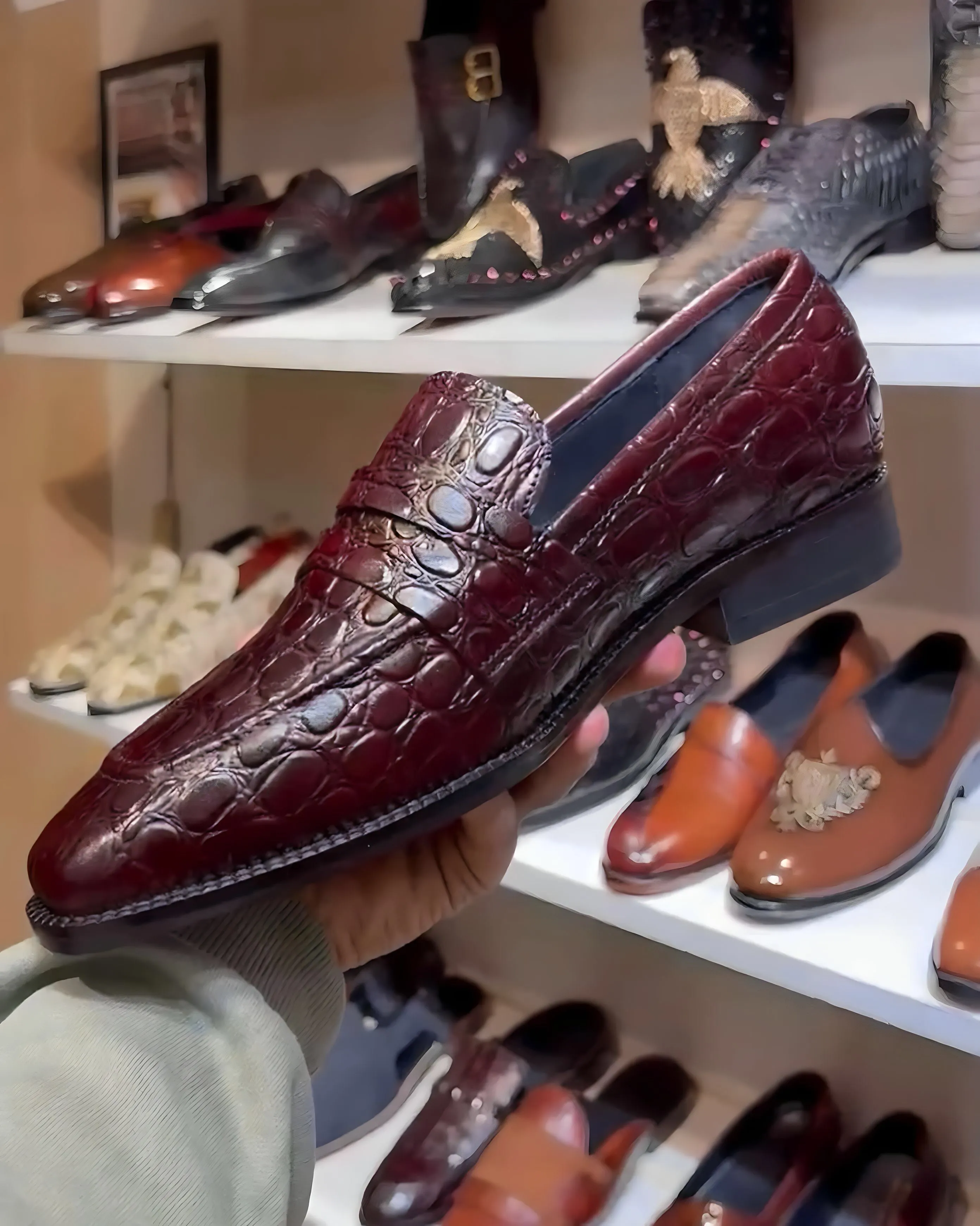 Crocodile Scaled T-Shape Penny Loafers in Wine Shade