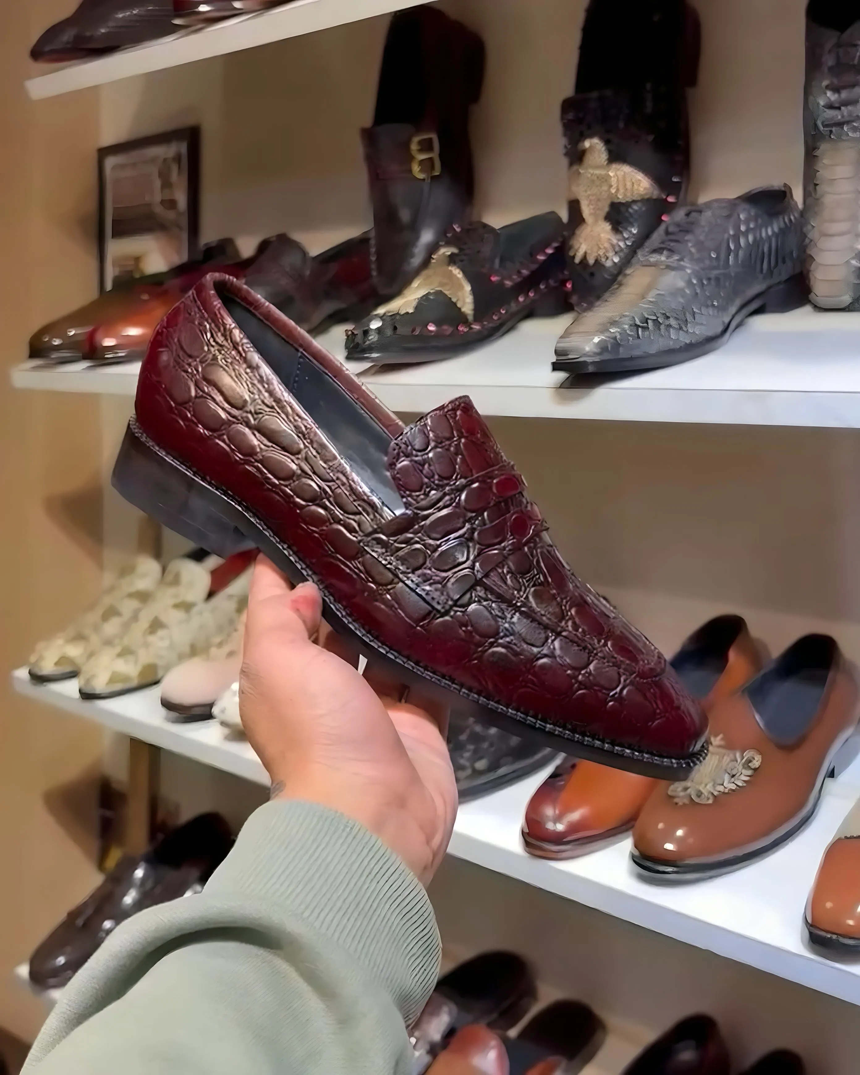 Crocodile Scaled T-Shape Penny Loafers in Wine Shade