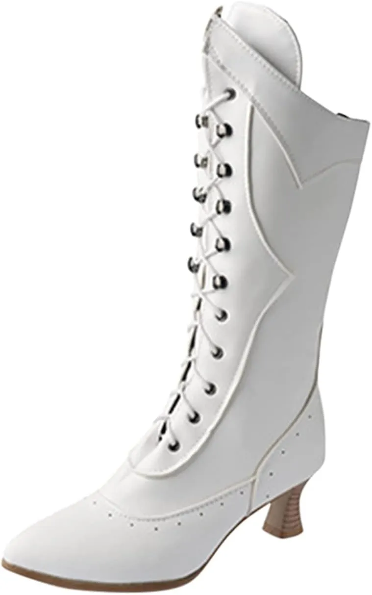Ctreela Vintage Mid Calf Boots Western Cowboy Bootie Classic Baroque Dress Boot Gothic Knight Boots Witch Boots for Women
