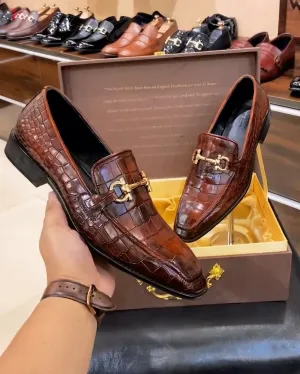 Dark Tan Crocodile Scaled Leather Loafers
