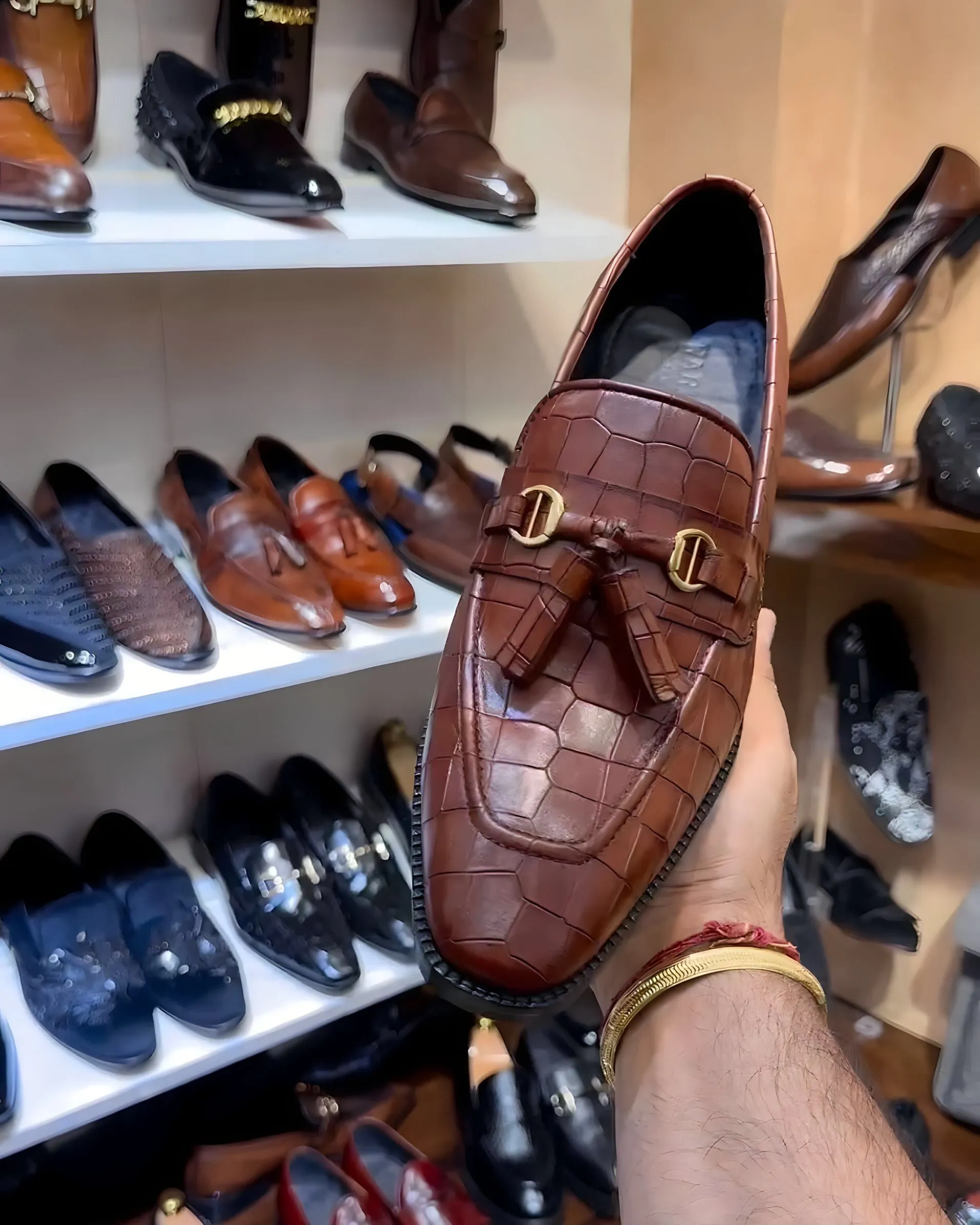 Dark Tan Crocodile Scaled Tassel Loafers