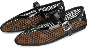 DOEYG Black Mesh Ballet Flats for Women Round Toe Mesh Flats Ballerina Shoes Buckle Strap Mesh Mary Jane Flats Comfortable Casual Dressy Summer Fishnet Flats Shoes Size 9.5
