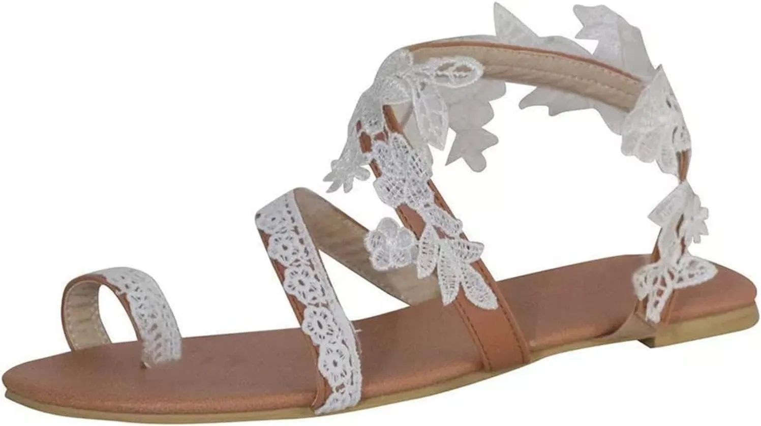 DOIX Sandals for Women Casual Fashion Roman Slip on Wedding Sandals Vintage Toe Ring Floral Lace Flat Sandals Bohemian Beach Flip Flops Walking Shoes,White,US9/EU40