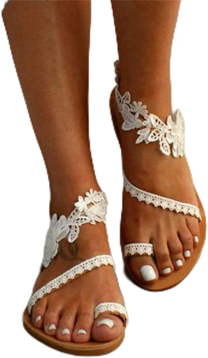 DOIX Sandals for Women Casual Fashion Roman Slip on Wedding Sandals Vintage Toe Ring Floral Lace Flat Sandals Bohemian Beach Flip Flops Walking Shoes,White,US9/EU40