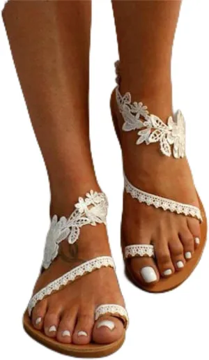 DOIX Sandals for Women Casual Fashion Roman Slip on Wedding Sandals Vintage Toe Ring Floral Lace Flat Sandals Bohemian Beach Flip Flops Walking Shoes,White,US9/EU40